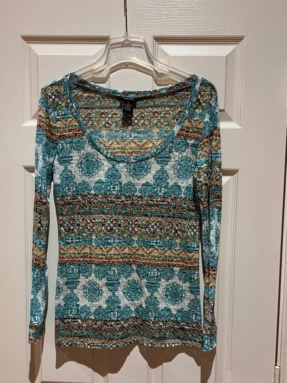 rue21 Teal Geometric Aztec Long Sleeve Scoop Neck Top Juniors XL